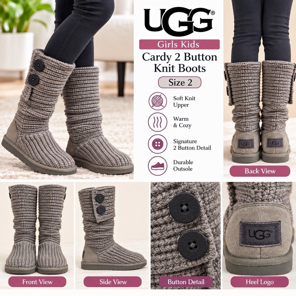 UGG Girls kids Knit 2-Button Mid-Calf Boots Gray Solid Round Toe Flat Comfort